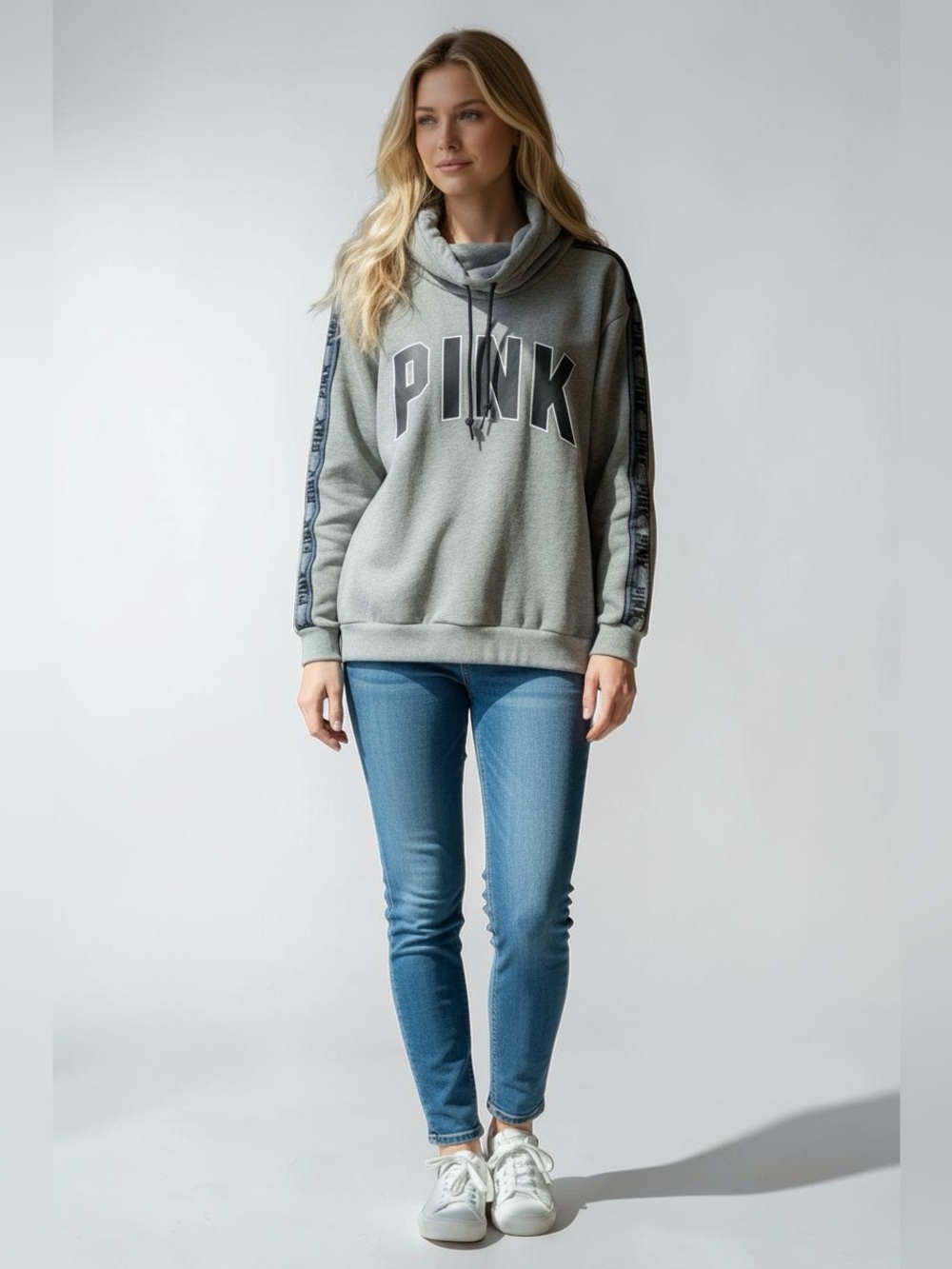 PINK Victoria's Secret Grey Cowlneck Pullover with Logo Stripe Sleeves